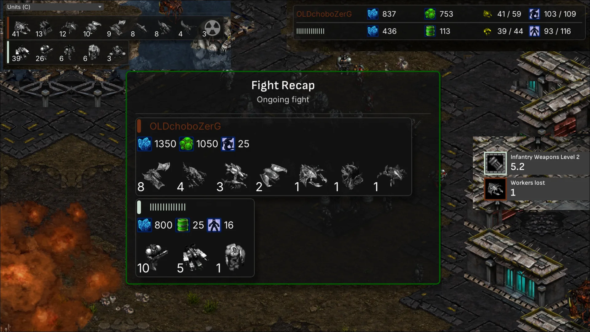 Tesagi Viewer fight recap overlay during a StarCraft replay
